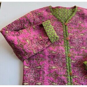 Provence d'amour Women Reversible Floral Jacket 100% Cotton Pink Green Size S